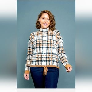 Plus Size Long Sleeve Argyle Plaid Mock Neck Sweater With Drawstring Waist 1X